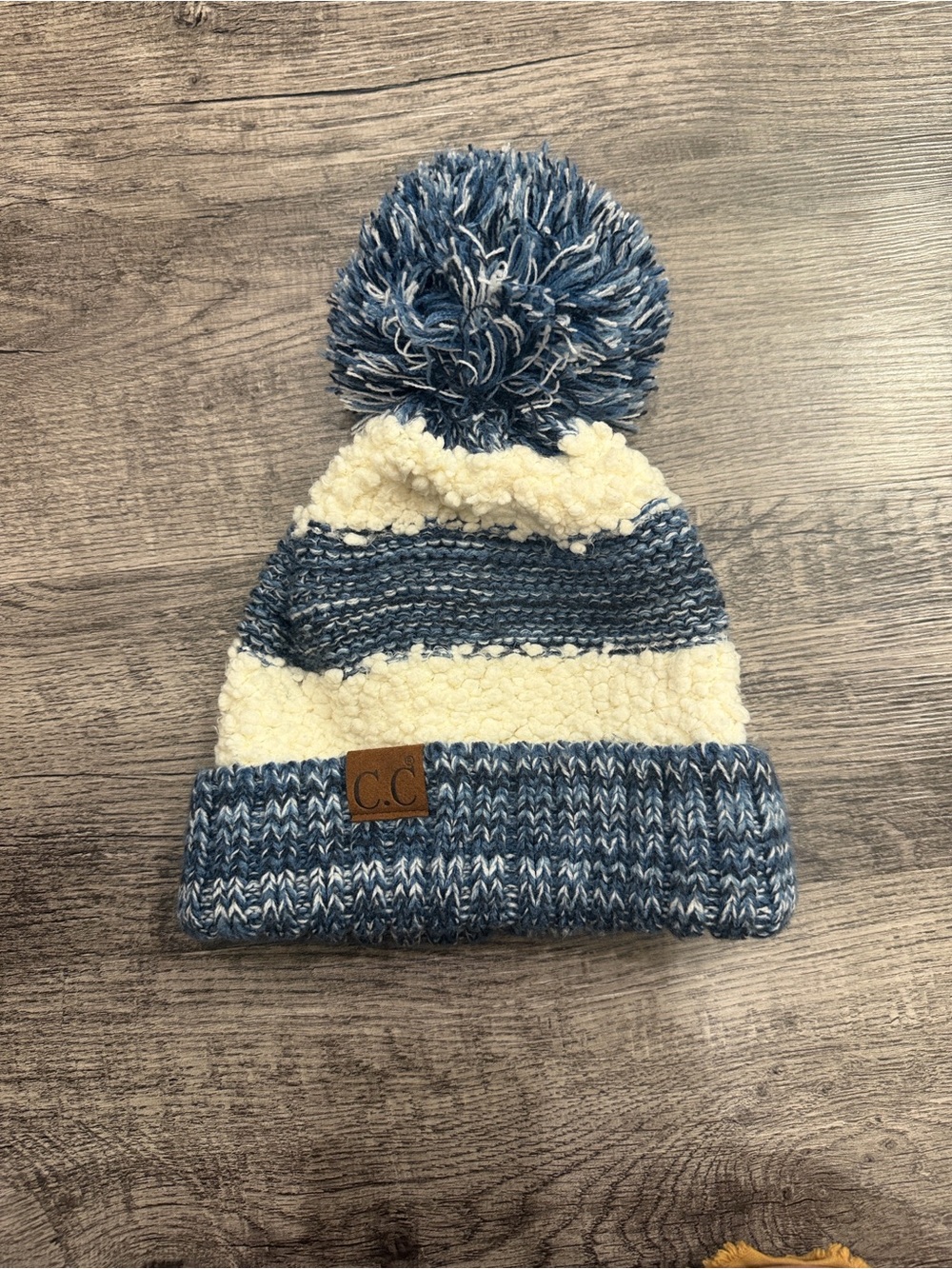 C.C Kids Blue & Cream Sherpa Pom Knit Beanie